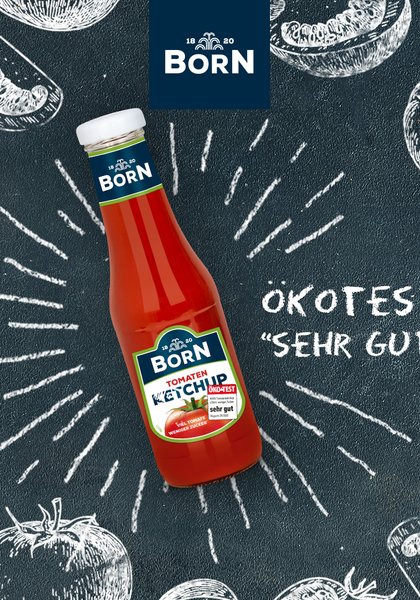 Unser BORN Tomatenketchup in der 450ml Glasflasche mit dem Testsiegel Ökotest "Sehr gut". mit 