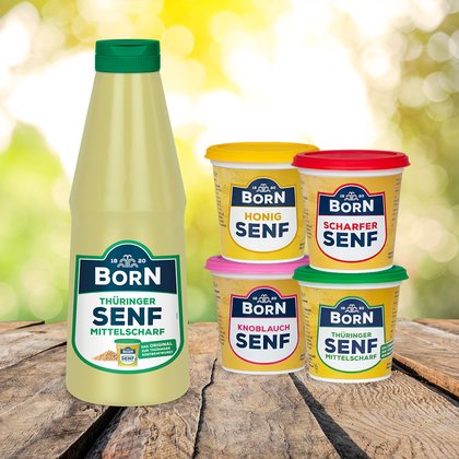 BORN Senf online kaufen. Regionaler Senf im nachhaltigen 270ml Senfglas oder als 300ml Dosierflaschen. 