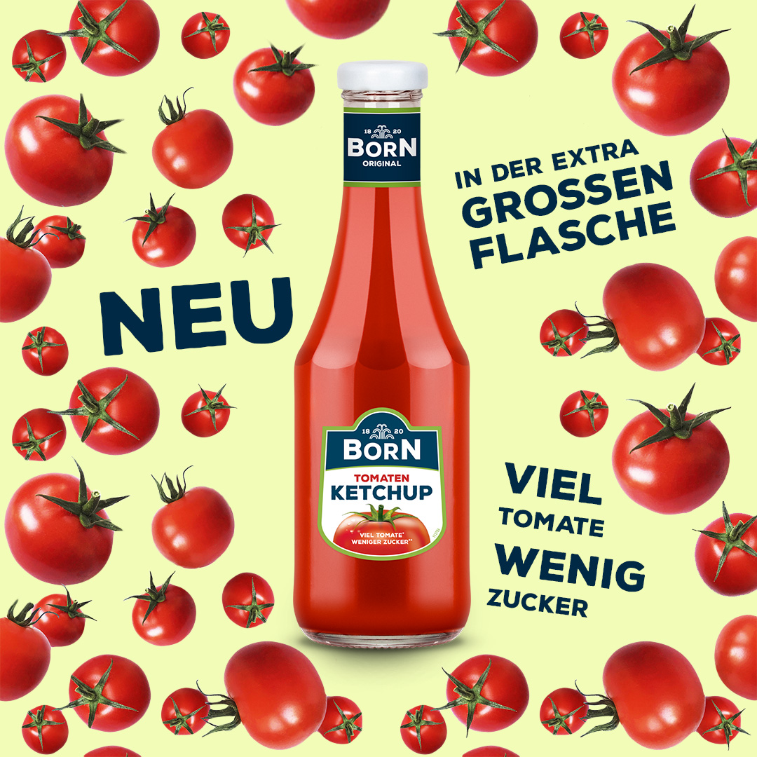 BORN Ketchup in der 750ml Glasflasche. Thüringer Feinkost für Kenner und Genießer. Natürlich, tomatig und fruchtig im Geschmack begeistert unser Tomaten-Ketchup Jung und Alt.