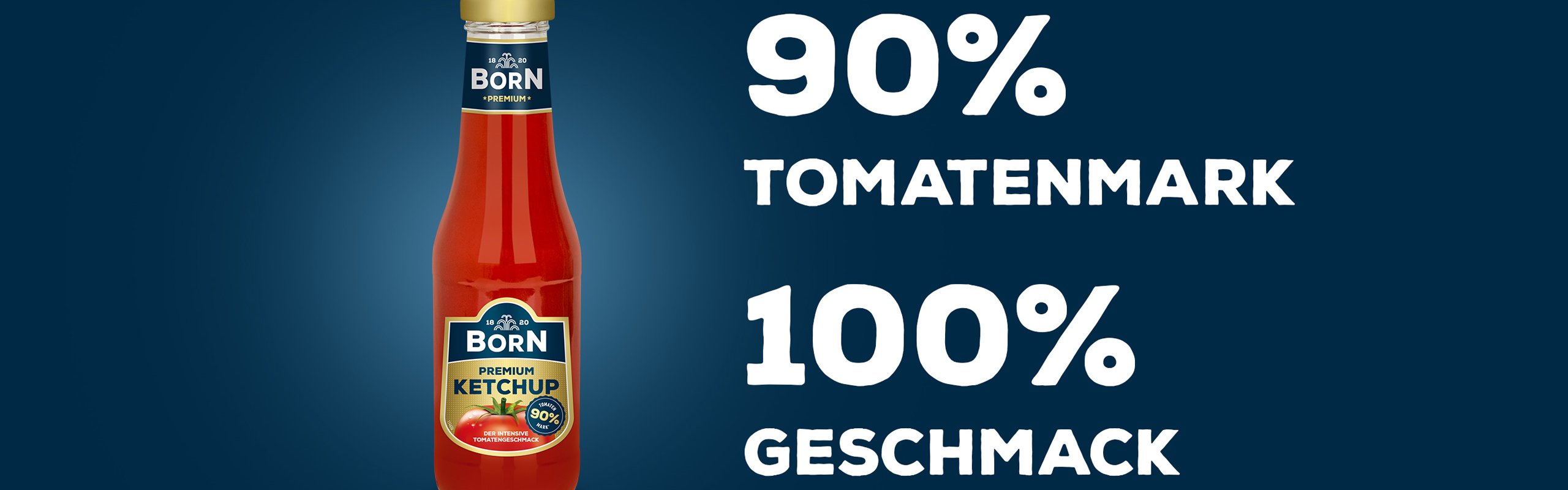 BORN Premium Ketchup in der 450ml Glasflasche. In unserer Ketchup-Flasche stecken 19 sonnengereifte Tomaten und 100% natürliche Zutaten. Fruchtig und fein gewürzt mit einem Tomatenmarkanteil von 90% und wenig Zucker. 