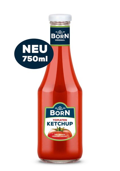 BORN Ketchup in der extra großen 750ml Glasflasche. Thüringer Feinkost für Kenner und Genießer. Natürlich, tomatig und fruchtig im Geschmack.