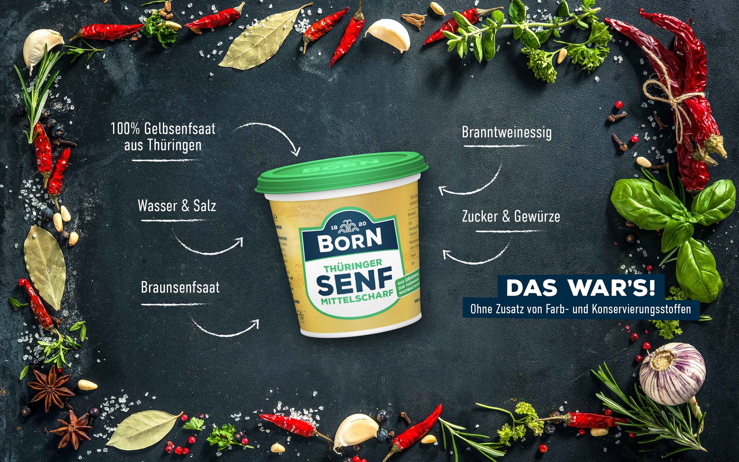 Thüringer BORN Senf im 200ml Becher. Das Original zur Thüringer Rostbratwurst.