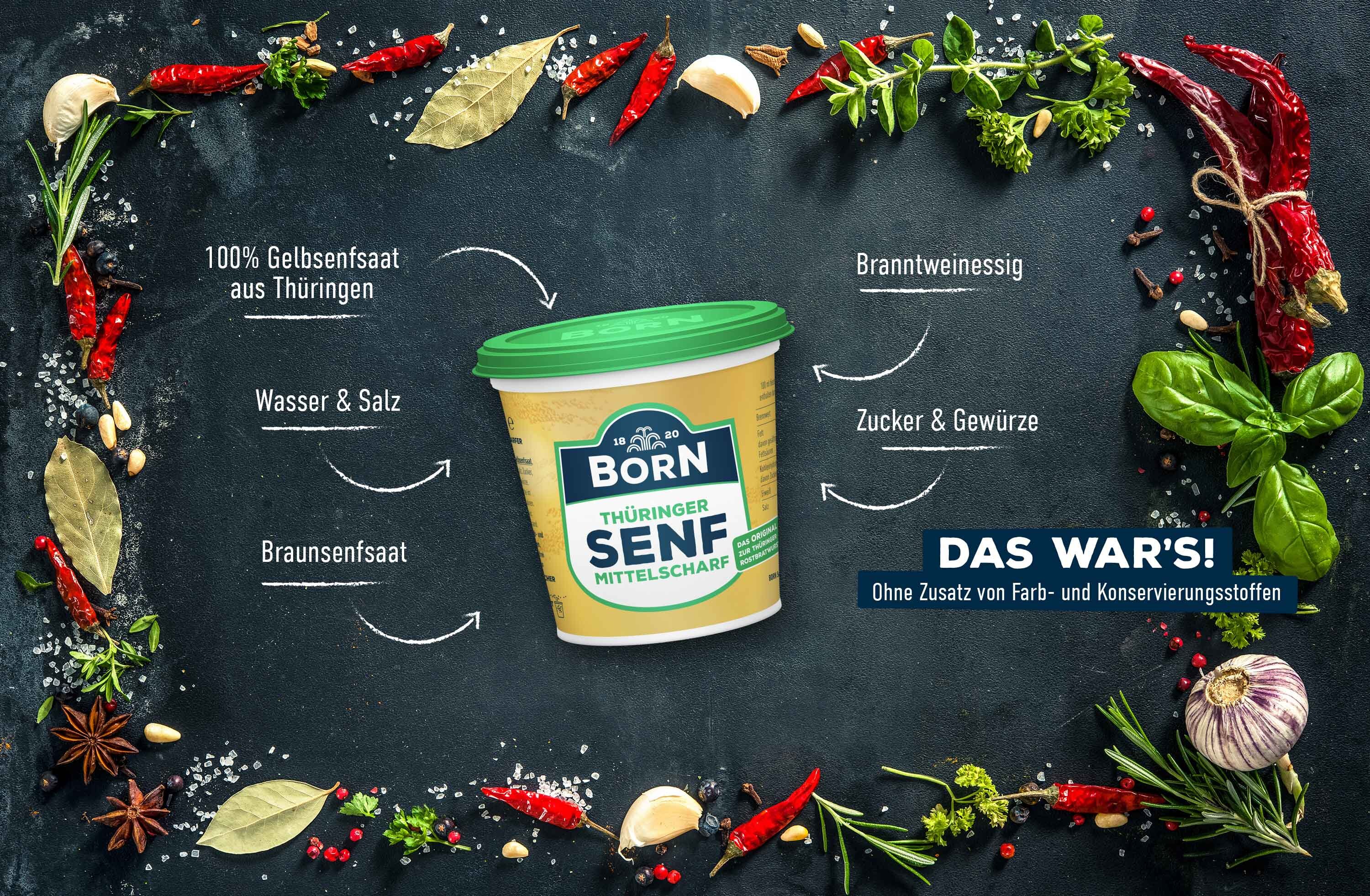 Thüringer BORN Senf im 200ml Becher. Das Original zur Thüringer Rostbratwurst.