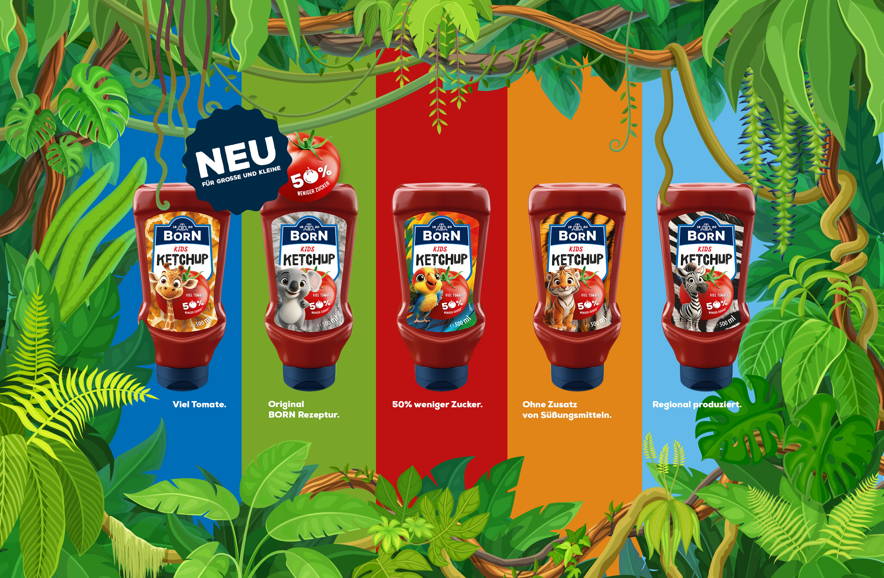 BORN Kinder-Ketchup mit Tier-Varianten in der 450ml Dosierflasche