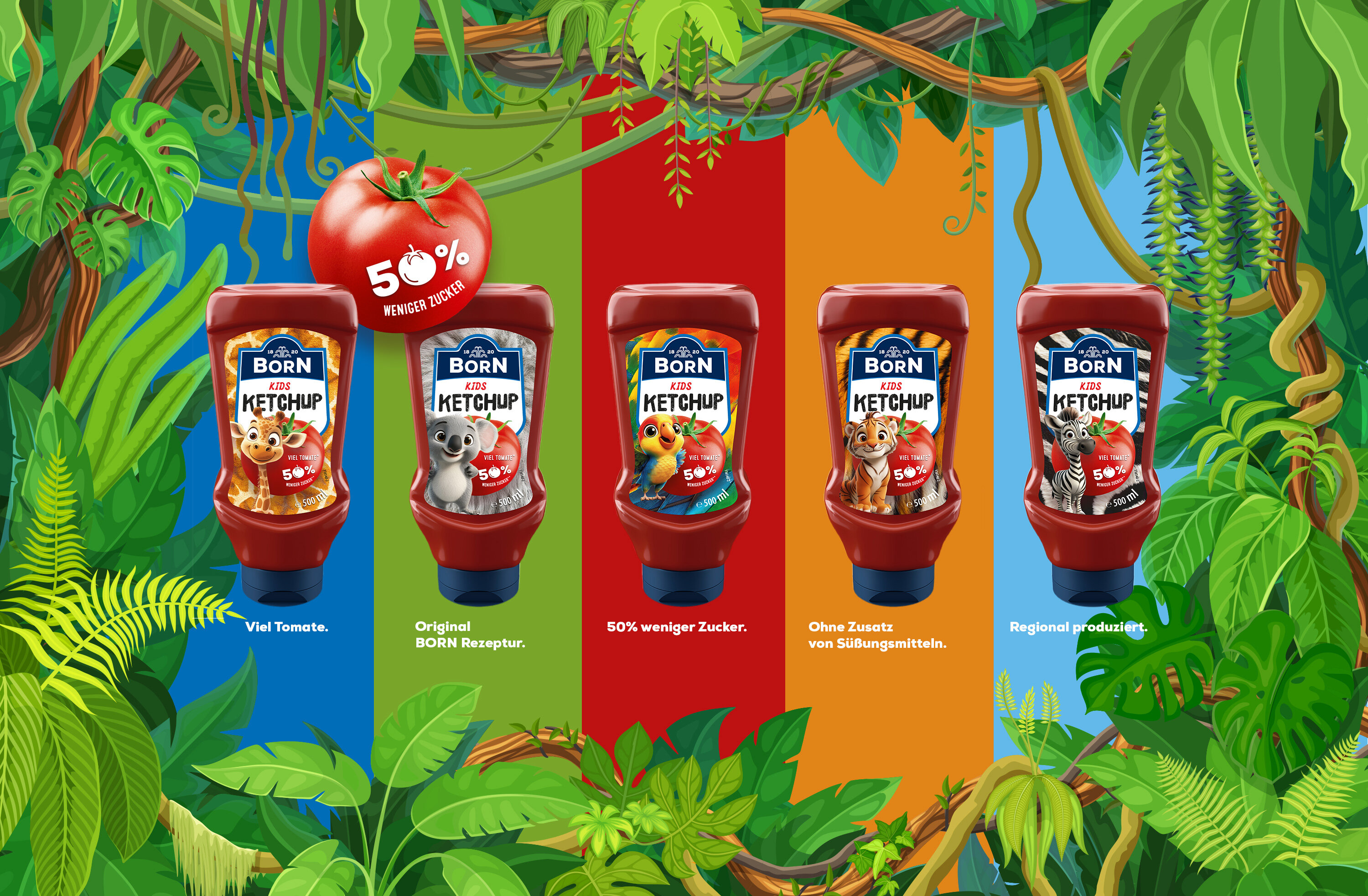 BORN Kinder-Ketchup mit Tier-Varianten in der 450ml Dosierflasche