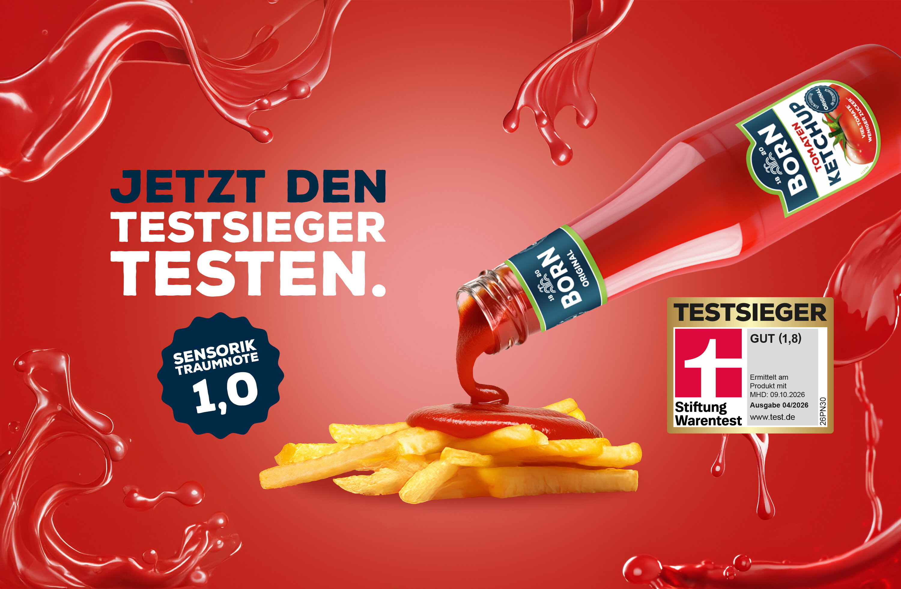 BORN Tomaten-Ketchup Testsieger Stiftung Warentest. Test 04/2026 Gesamturteil „gut“ (1,8). Sensorik-Note 1,0