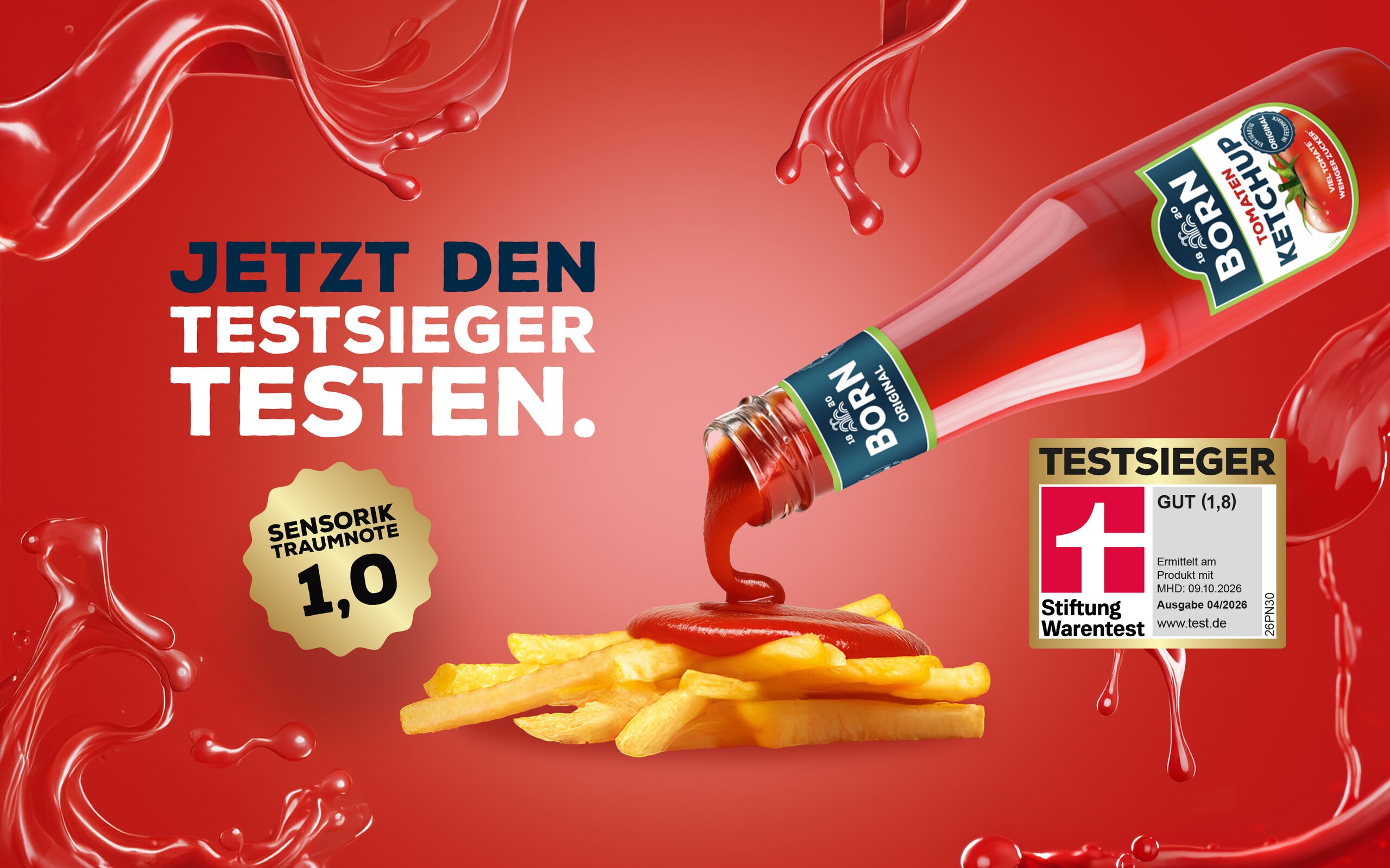 BORN Tomaten-Ketchup Testsieger Stiftung Warentest. Test 04/2026 Gesamturteil „gut“ (1,8). Sensorik-Note 1,0