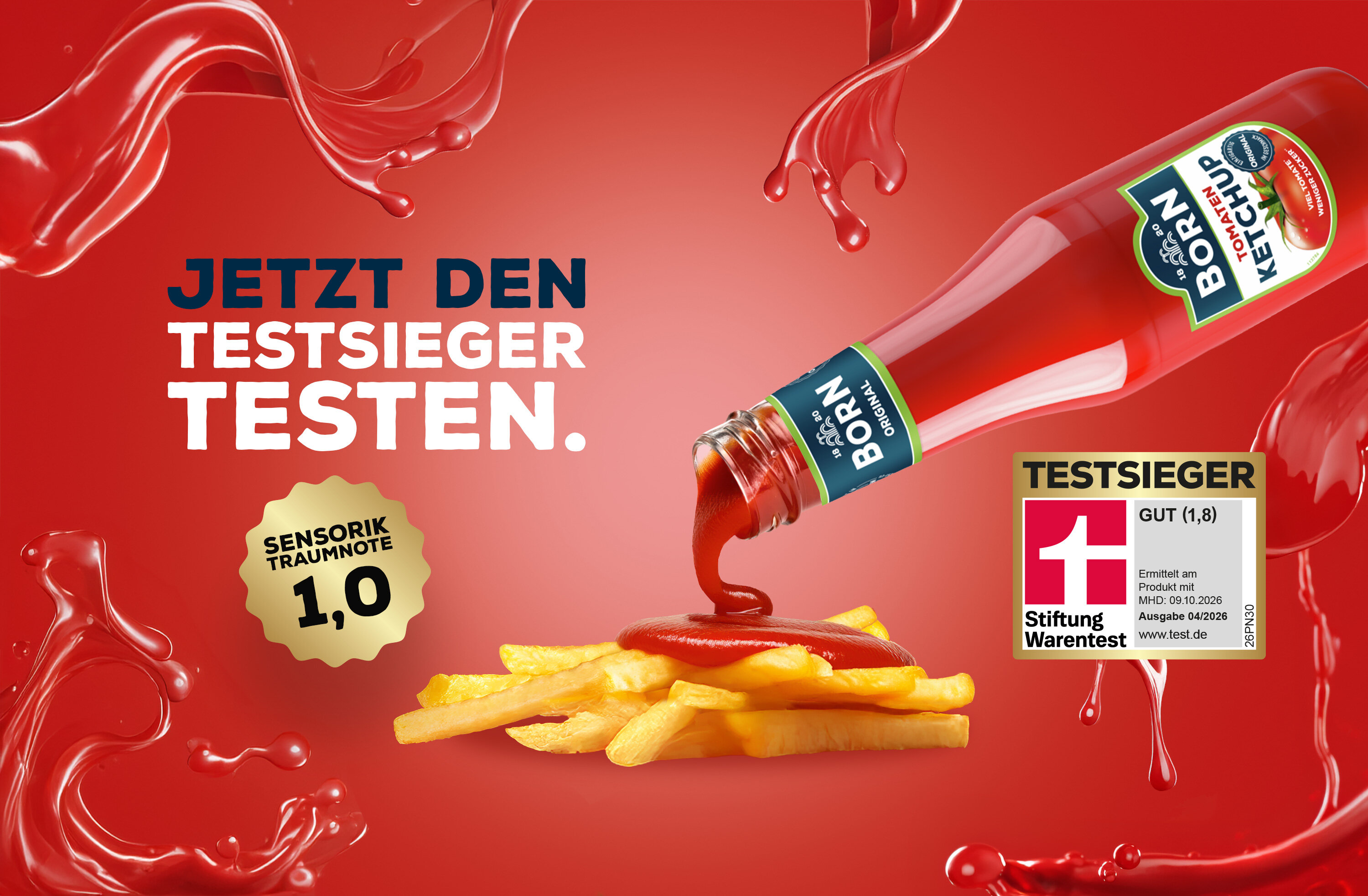 BORN Tomaten-Ketchup Testsieger Stiftung Warentest. Test 04/2026 Gesamturteil „gut“ (1,8). Sensorik-Note 1,0