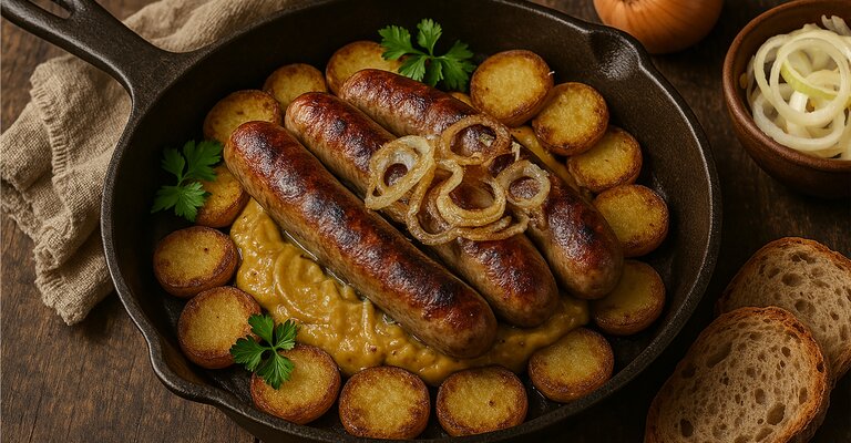 Rezept Bratwurstpfanne mit Zwiebelsauce zum selberkochen