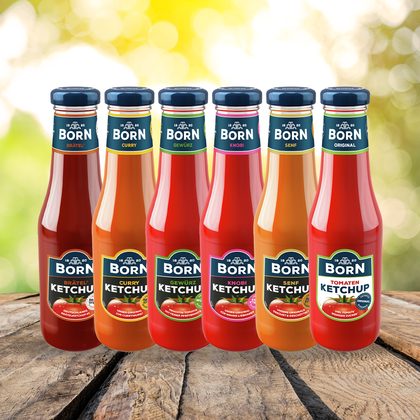 BORN Ketchup online kaufen. Ketchup in der 450ml Glasflasche oder als Dosierflaschen. Ketchup ohne Zuckerzusatz. Bio Tomatenketchup. Kinder-Ketchup