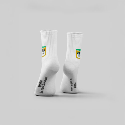 BORN Fansocken im Design Senfbecher von hinten. Eine schöne Geschenkidee!