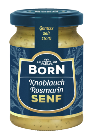 BORN Knoblauch-Rosmarin-Senf im 90ml Glas. Feinschmecker Edition.