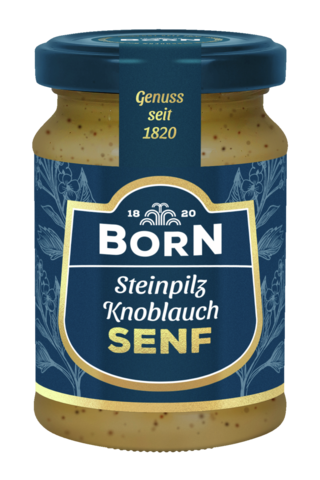 BORN Steinpilz-Knoblauch-Senf im 90ml Glas. Feinschmecker Edition.