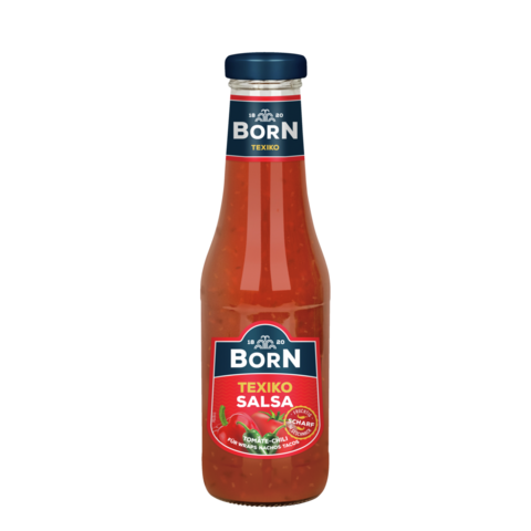 BORN Texiko Salsa Sauce in der 450ml Glasflasche. Fruchtig scharfe Tomaten-Chili-Salsa, perfekt zu Wraps, Nachos, Tacos sowie TexMex-Gerichte.