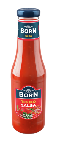BORN Texiko Salsa Sauce in der 450ml Glasflasche. Fruchtig scharfe Tomaten-Chili-Salsa, perfekt zu Wraps, Nachos, Tacos sowie TexMex-Gerichte.