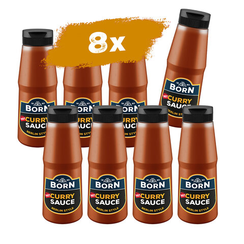 BORN Hot Curry Sauce Berlin Style in der praktischen 300ml Dosierflasche jetzt zum Vorteilspreis im 8er Pack.