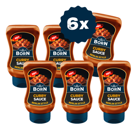 BORN Hot Curry Sauce Berlin Style in der praktischen 250ml Dosierflasche jetzt zum Vorteilspreis im 6er Pack.