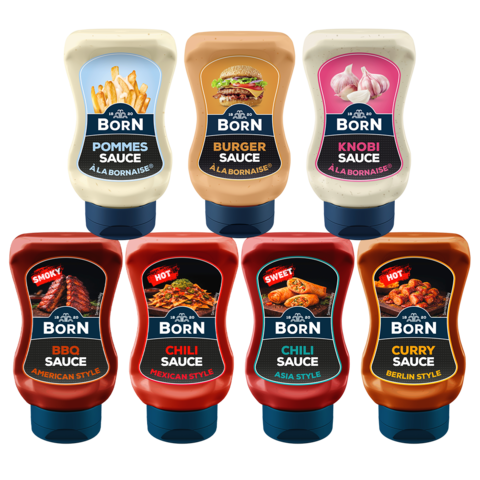 BORN Saucen Bundle mit sieben Sorten unserer 250ml Saucen.