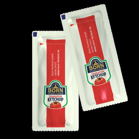 BORN Tomaten-Ketchup im praktischen 20ml Portionsbeutel. 150 Stück pro Spenderbox. Ideal zu Pommes oder zum Kochen von Nudeln mit Tomatensauce.