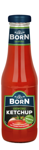 BORN Gewürzketchup in der 450ml Glasflasche. Fruchtig aromatisch im Geschmack mit feiner Pfeffernote.
