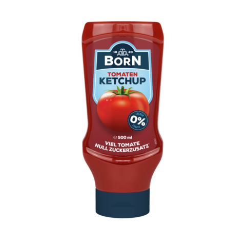 BORN Tomaten-Ketchup ohne Zuckerzusatz in der praktischen 500ml Dosierflasche. Mit 84% Tomatenmarkanteil und nur 56 Kalorien pro 100ml ist der Tomatenketchup für eine bewusste Ernährung geeignet.
