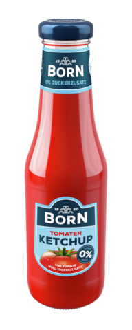 BORN Tomaten-Ketchup ohne Zuckerzusatz in der nachhaltigen 450ml Glasflasche. Mit 84% Tomatenmarkanteil und nur 56 Kalorien pro 100ml ist der Tomatenketchup für eine bewusste Ernährung geeignet.