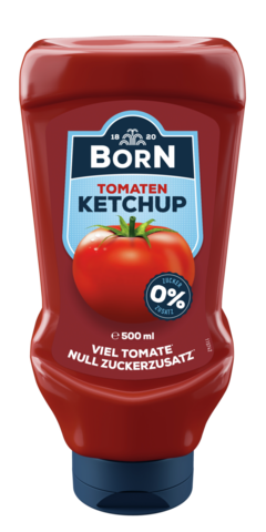 BORN Tomaten-Ketchup ohne Zuckerzusatz in der praktischen 500ml Dosierflasche. Mit 84% Tomatenmarkanteil und nur 56 Kalorien pro 100ml ist der Tomatenketchup für eine bewusste Ernährung geeignet.