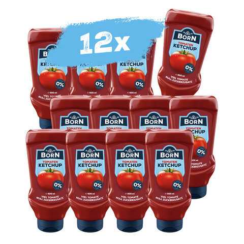 BORN Tomaten-Ketchup ohne Zuckerzusatz in der praktischen 500ml Dosierflasche im 12er Pack.
