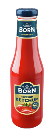 BORN Premium Tomatenketchup in der 450ml Glasflasche mit 90% Tomatenmark und weniger Zucker.