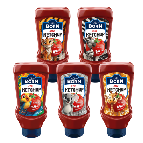 BORN Kids Ketchup in der praktischen 500 ml Dosierflasche mit 50 Prozent weniger Zucker.