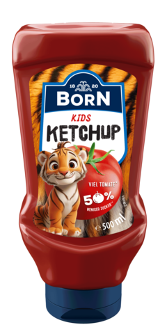 BORN Kids Ketchup in der praktischen 500 ml Dosierflasche mit 50 Prozent weniger Zucker.
