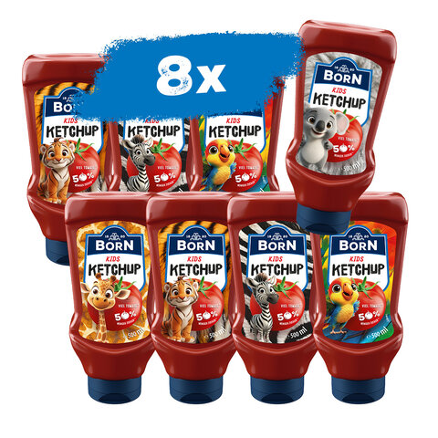 BORN Kids Ketchup in der praktischen 500 ml Dosierflasche mit 50 Prozent weniger Zucker im 8er Pack.