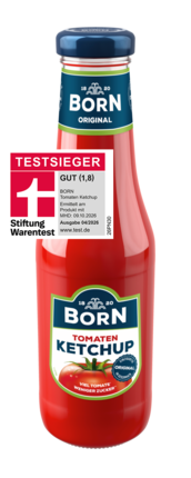 BORN Tomaten-Ketchup in der 450ml Glasflasche mit viel Tomate und weniger Zucker. Testsieger im Magazin test 4/2026 der Stiftung Warentest mit Qualitätsurteil GUT (1,8)