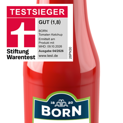 BORN Tomaten-Ketchup in der 450ml Glasflasche mit viel Tomate und weniger Zucker. Testsieger im Magazin test 4/2026 der Stiftung Warentest mit Qualitätsurteil GUT (1,8)
