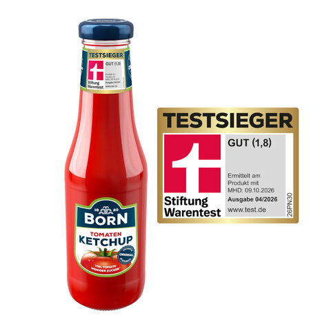 BORN Tomaten-Ketchup in der 450ml Glasflasche mit viel Tomate und weniger Zucker. Testsieger im Magazin test 4/2026 der Stiftung Warentest mit Qualitätsurteil GUT (1,8)