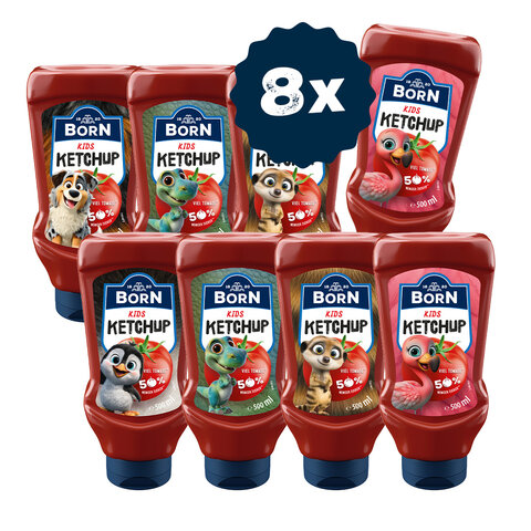 BORN Kids Ketchup in der praktischen 500 ml Dosierflasche mit 50 Prozent weniger Zucker im 8er Pack.