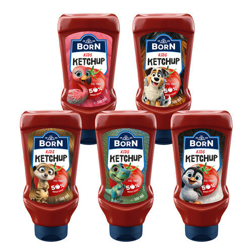 BORN Kids Ketchup in der praktischen 500 ml Dosierflasche mit 50 Prozent weniger Zucker.
