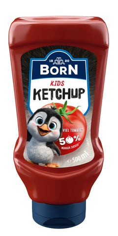 BORN Kids Ketchup in der praktischen 500 ml Dosierflasche mit 50 Prozent weniger Zucker.