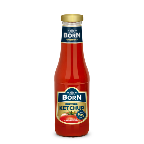 BORN Premium Tomatenketchup in der 450ml Glasflasche mit 90% Tomatenmark und weniger Zucker.