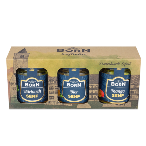 BORN Senfbox "Wilhelm" A 3x125ml. Geschenkidee für 3 Feinschmeckersenfe im Boxendesign der Krämerbrücke.
