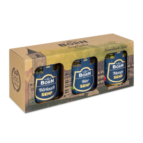 BORN Senfbox "Wilhelm" A 3x125ml. Geschenkidee für 3 Feinschmeckersenfe im Boxendesign der Krämerbrücke.