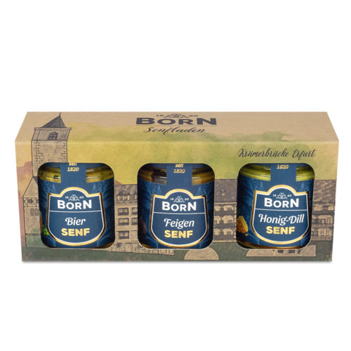 BORN Senfbox "Wilhelm" B 3x125ml. Geschenkidee für 3 Feinschmeckersenfe im Boxendesign der Krämerbrücke.