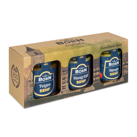 BORN Senfbox "Wilhelm" C 3x125ml. Geschenkidee für 3 Feinschmeckersenfe im Boxendesign der Krämerbrücke.