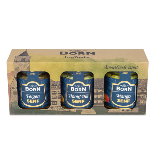 BORN Senfbox "Wilhelm" C 3x125ml. Geschenkidee für 3 Feinschmeckersenfe im Boxendesign der Krämerbrücke.