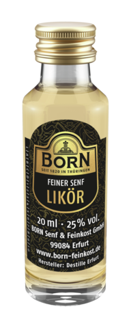 BORN "Feiner Senf-Likör" in der 20 ml Glasflasche. Erstklassiger Likör und tolle Geschenkidee. 
