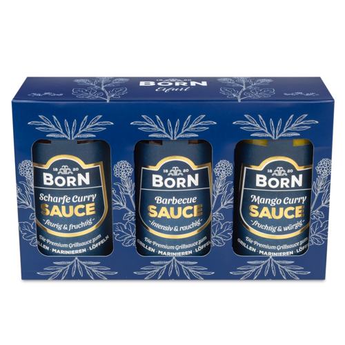 BORN Premium Grillsaucen Barbecue, Mango-Curry und scharfe Curry in der schönen Geschenkbox.