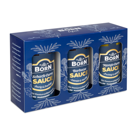 BORN Premium Grillsaucen Barbecue, Mango-Curry und scharfe Curry in der schönen Geschenkbox.