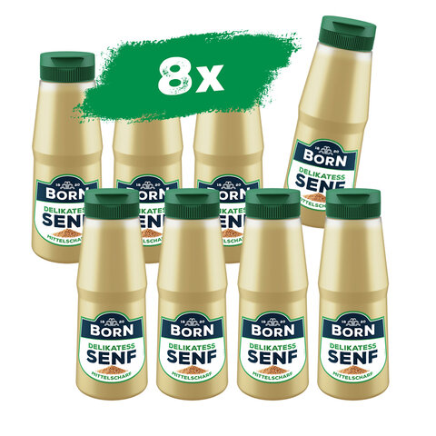 BORN Delikatess-Senf mit 100% Gelbsenfsaat aus Thüringen in der praktischen 300ml Dosierflasche - 8er Pack.