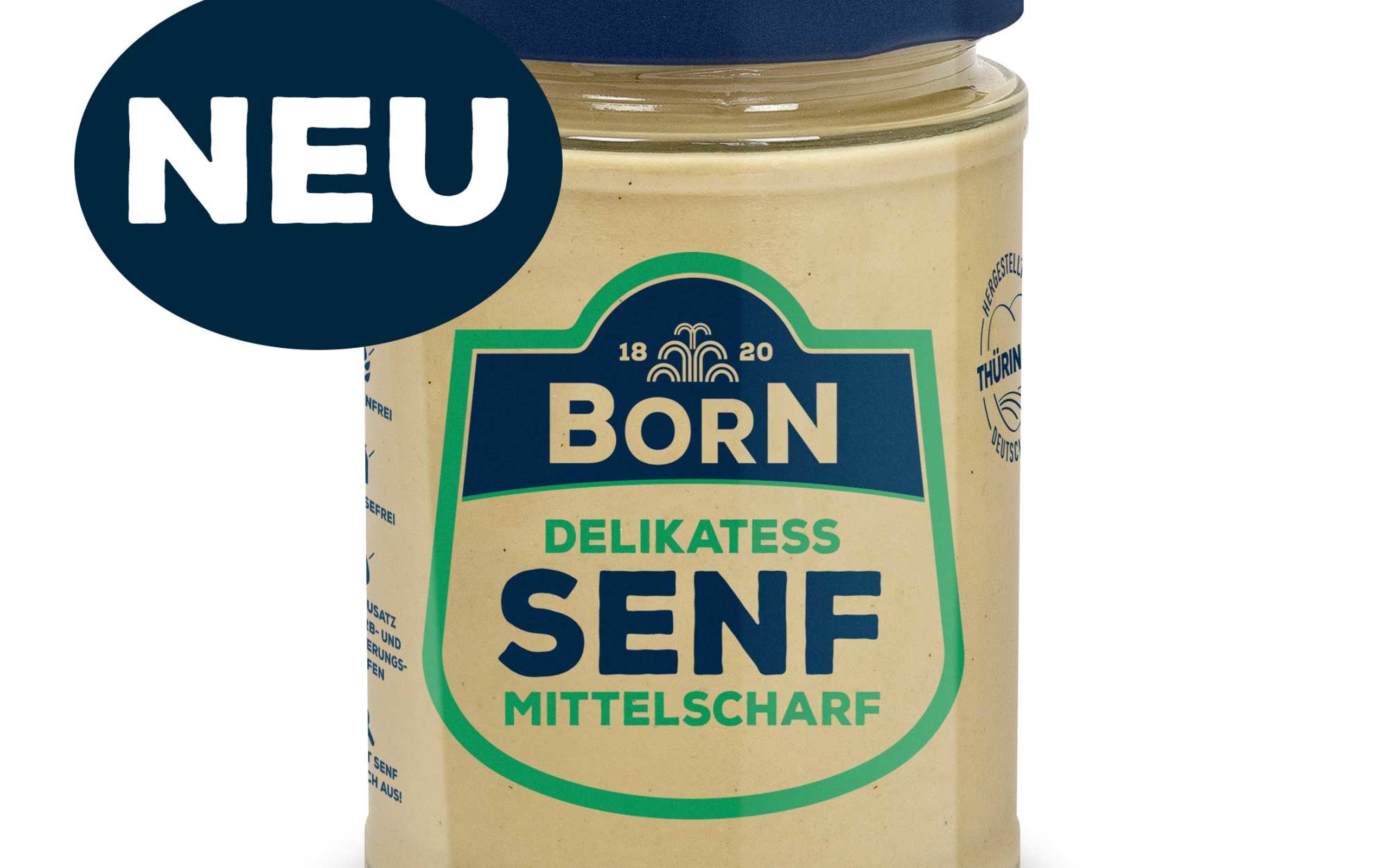 BORN Delikatess Senf im wiederverwendbaren Schraubglas. Mit 100% Thüringer Gelbsenfsaat, klimaneutral produziert.